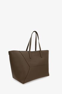 Brown leather tote bag with geometric stitching and dual top handles for brunello cucinelli women’s bc duo bag green