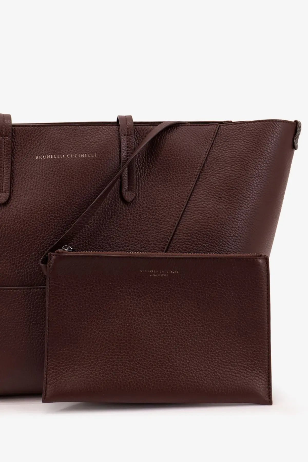Brunello cucinelli women’s brown leather tote bag with matching clutch in hammered leather design for shoulder use