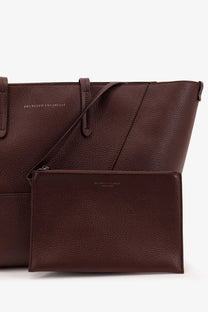 Brunello cucinelli women’s brown leather tote bag with matching clutch in hammered leather design for shoulder use