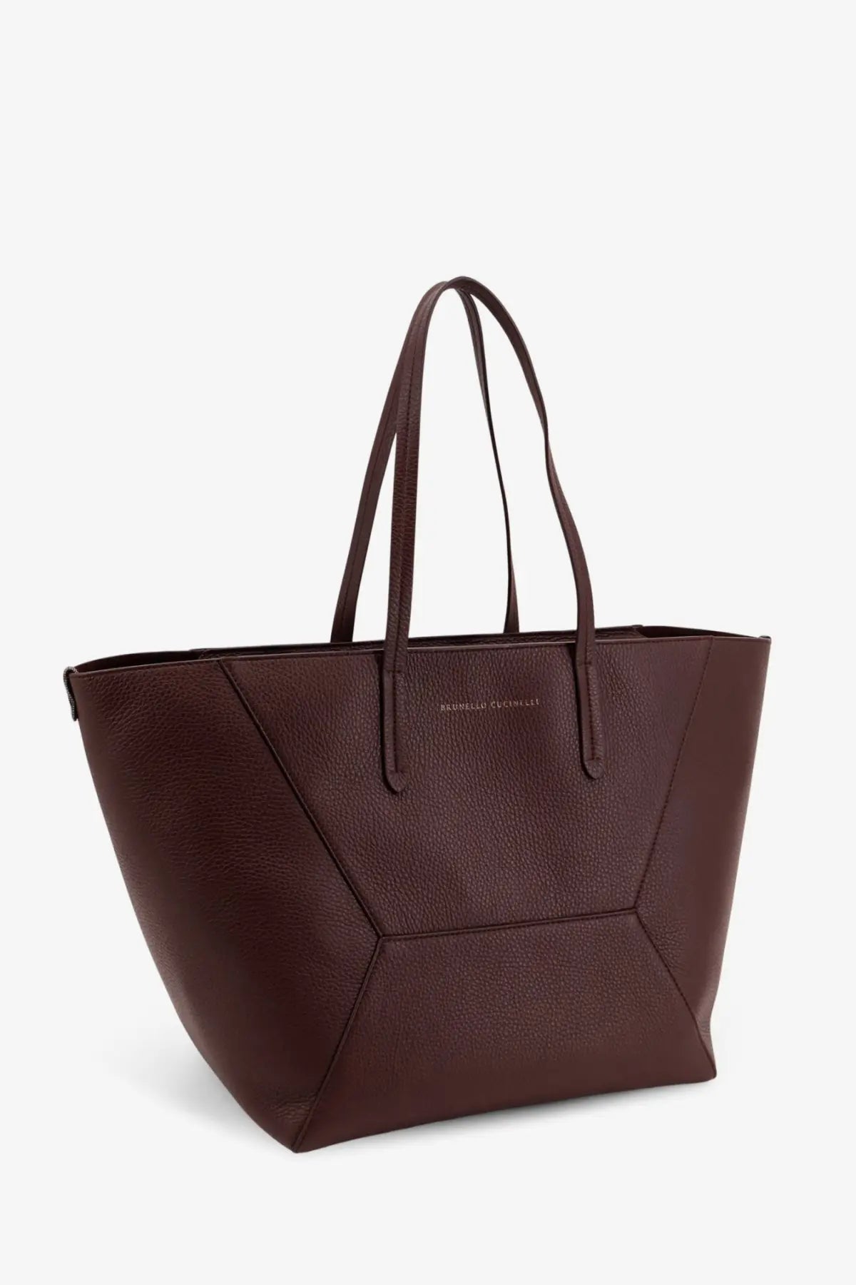 Brunello Cucinelli women’s dark brown structured leather tote bag with geometric panel design and dual top handles