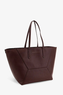 Brunello Cucinelli women’s dark brown structured leather tote bag with geometric panel design and dual top handles