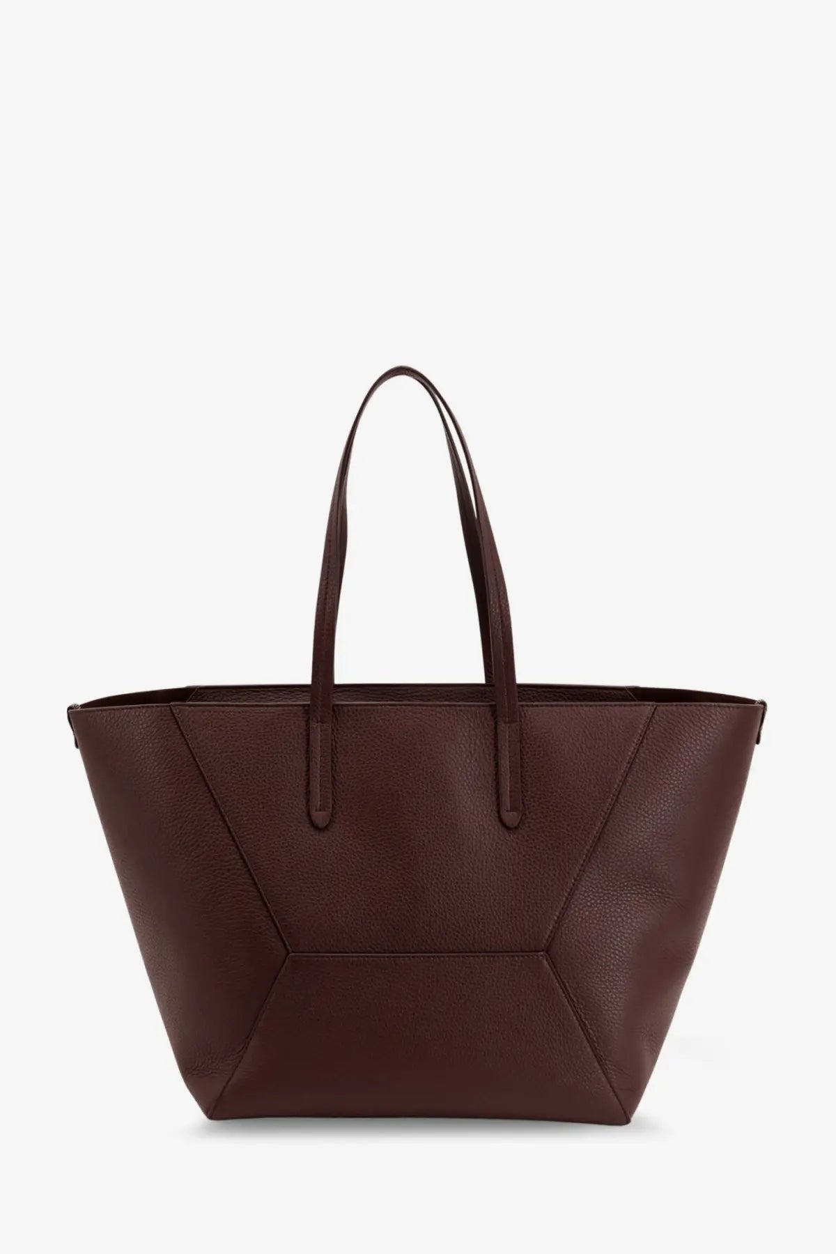 Brunello Cucinelli women’s red hammered leather shoulder bag with structured geometric paneling and matching handles