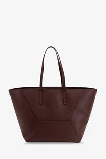 Brunello Cucinelli women’s red hammered leather shoulder bag with structured geometric paneling and matching handles