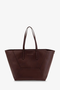 Brown leather tote bag with geometric paneling and dual top handles by brunello cucinelli in red
