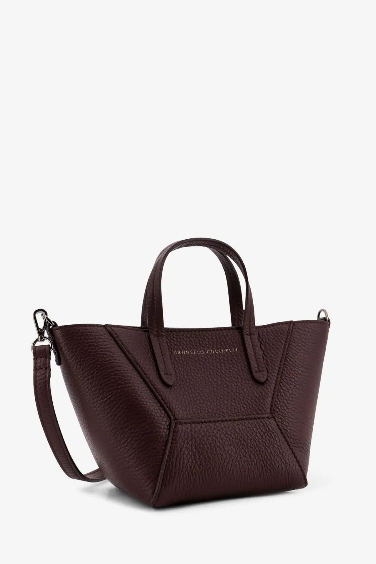 Brunello Cucinelli women’s bc duo leather crossbody bag in dark burgundy pebbled leather with detachable strap and top handles