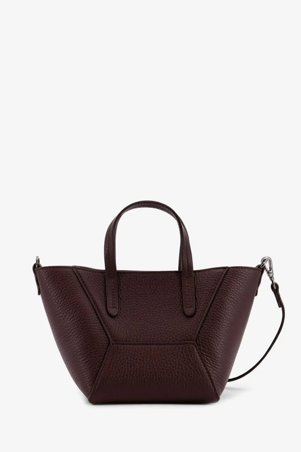 Brunello Cucinelli women’s BC duo leather crossbody bag in dark burgundy structured pebbled leather with geometric paneling