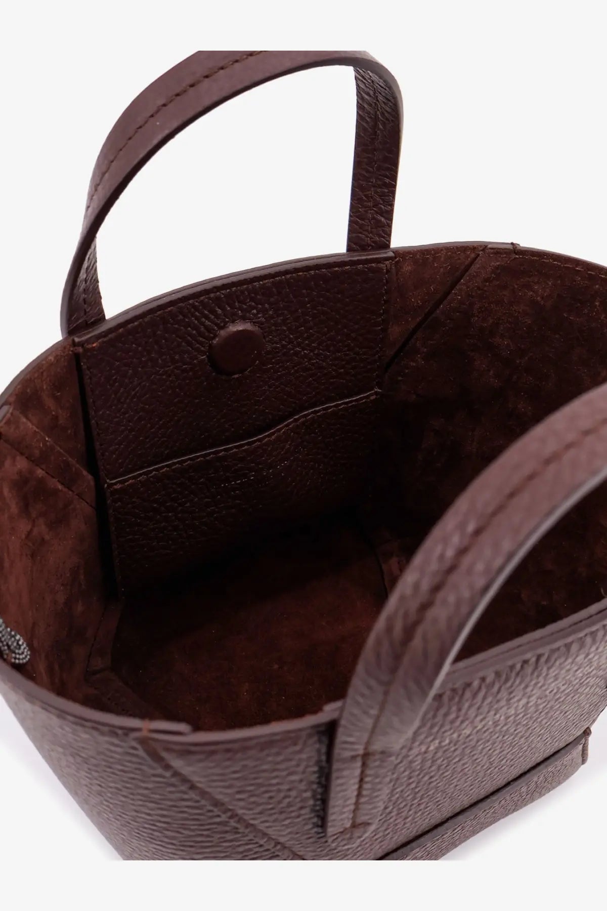 Brunello Cucinelli women’s brown leather tote bag with textured leather exterior suede interior and top handle