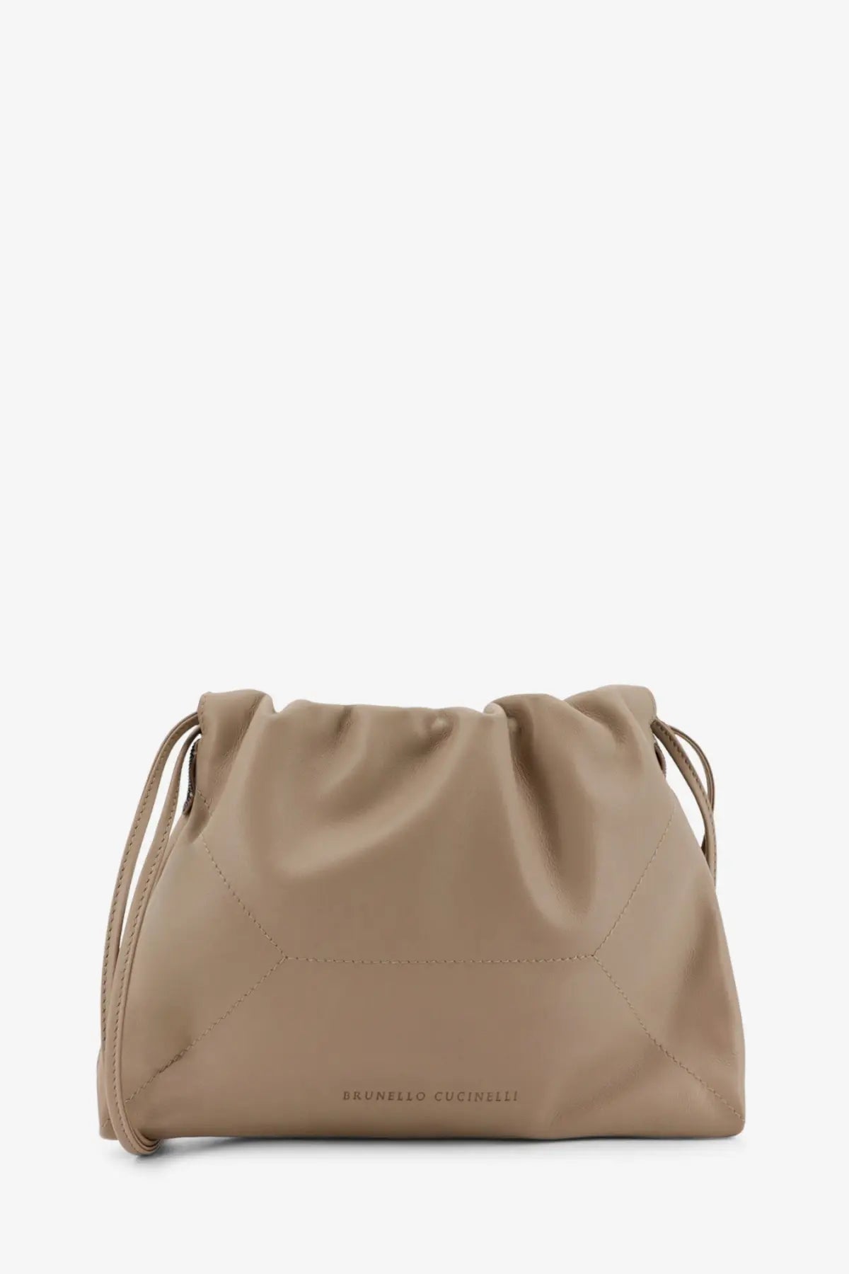 Beige brunello cucinelli drawstring crossbody leather bag with subtle geometric stitching and minimalist design moonbeam color