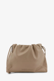 Beige brunello cucinelli drawstring crossbody leather bag with subtle geometric stitching and minimalist design moonbeam color