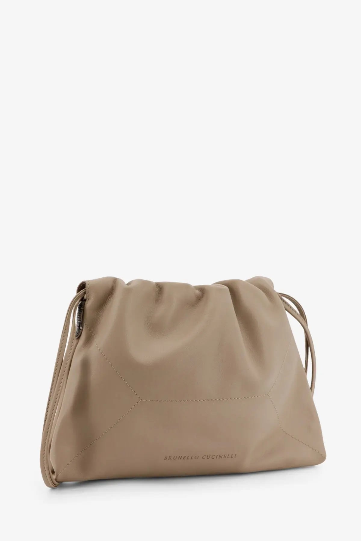 Brunello Cucinelli women’s moonbeam beige leather shoulder bag with drawstring and geometric stitching design