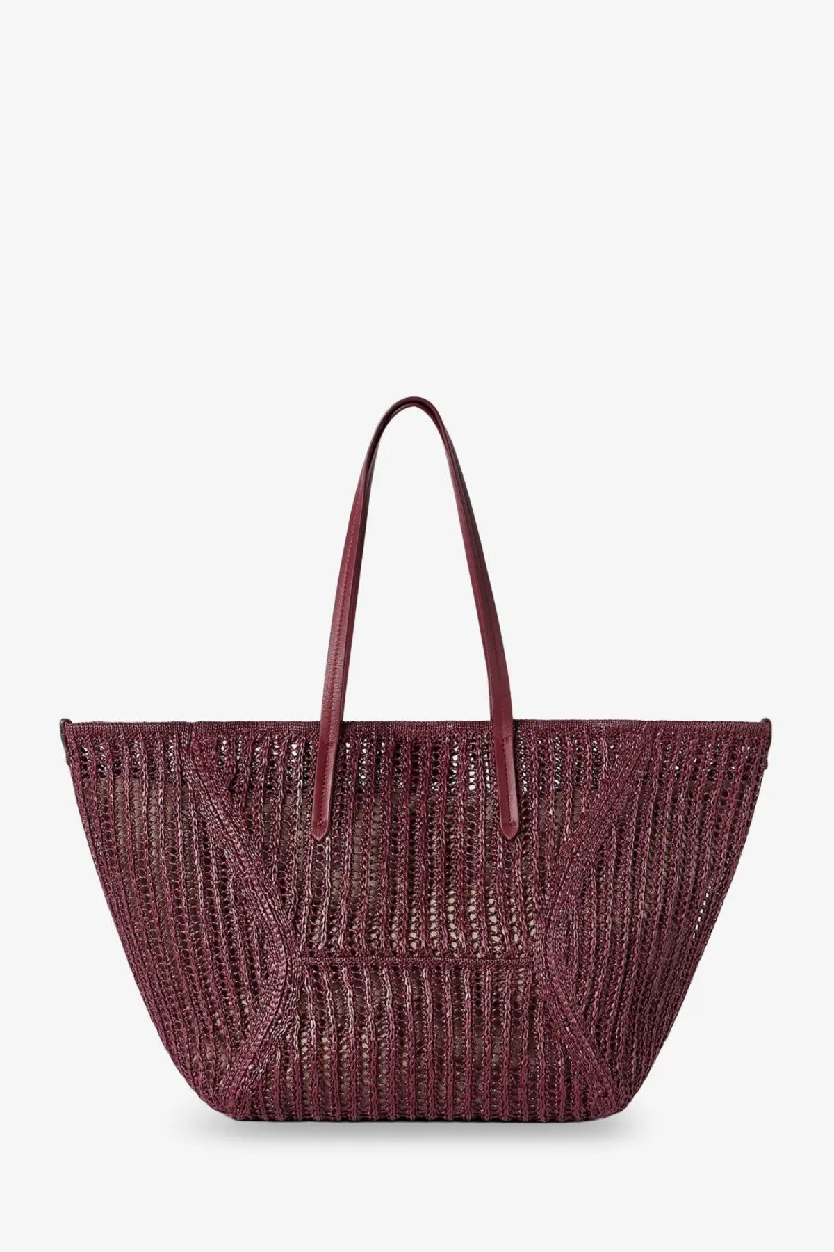 Brunello Cucinelli women’s BC duo raffia shoulder bag red maroon woven tote with slender leather handles