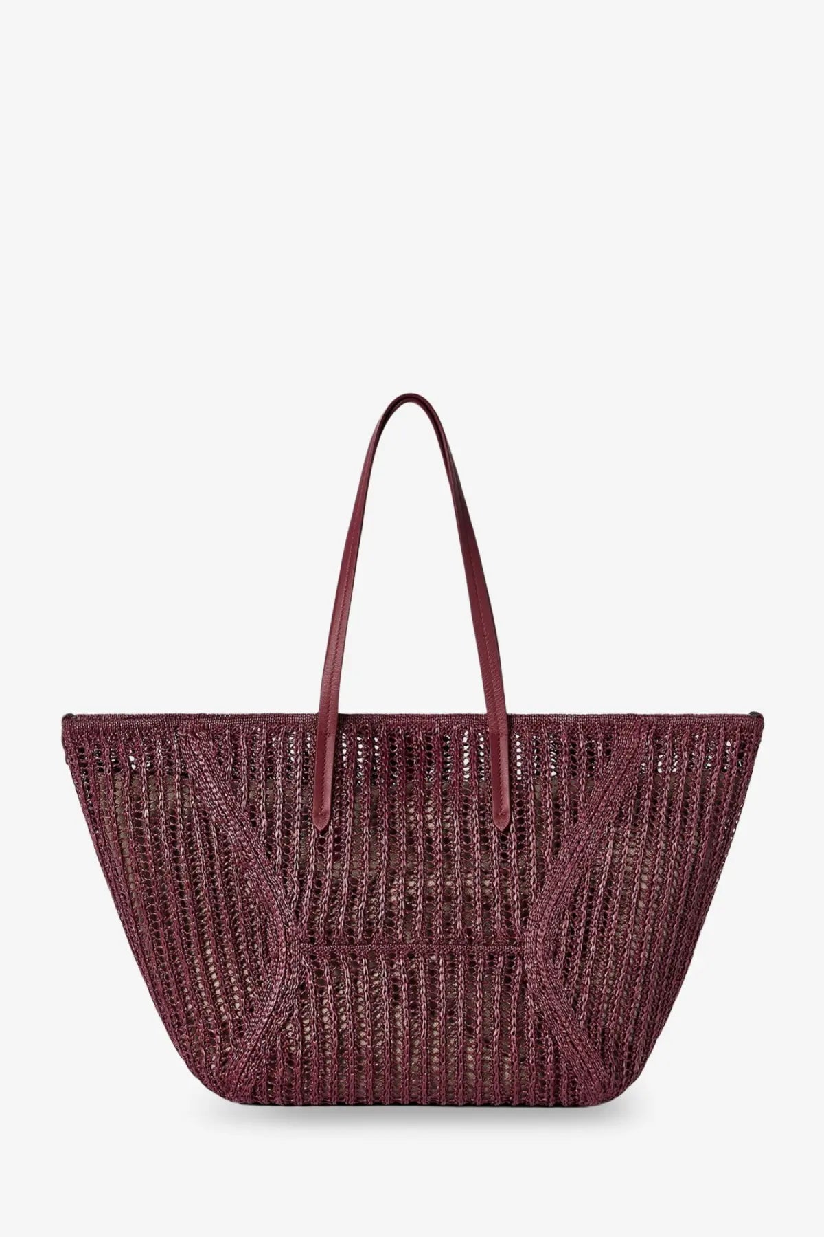 Brunello Cucinelli women’s bc duo raffia shoulder bag in maroon woven material with slender leather handles