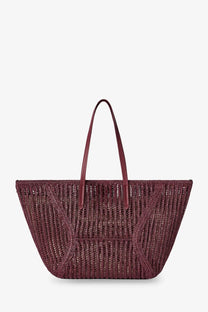 Brunello Cucinelli women’s bc duo raffia shoulder bag in maroon woven material with slender leather handles