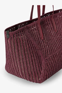 Brunello cucinelli women’s bc duo raffia shoulder bag in maroon woven straw with matching leather handles