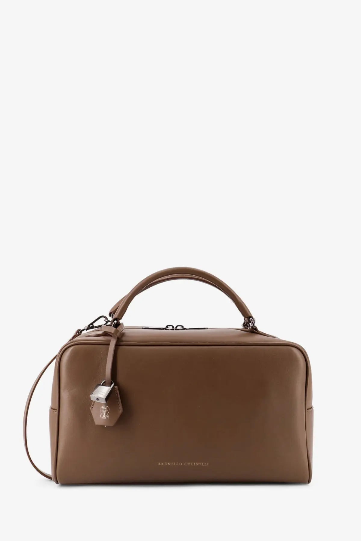 Brunello Cucinelli women’s brown leather handbag with top handle, detachable shoulder strap, and silver lock charm