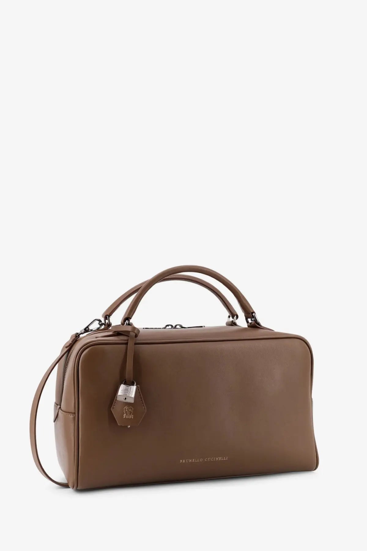 Brunello Cucinelli brown leather handbag with top handles detachable shoulder strap and metallic lock charm