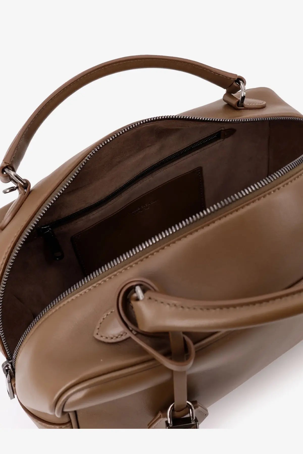 Tan leather handbag with structured rounded shape and dual top handles from Brunello Cucinelli Women’s Boston Explorer series
