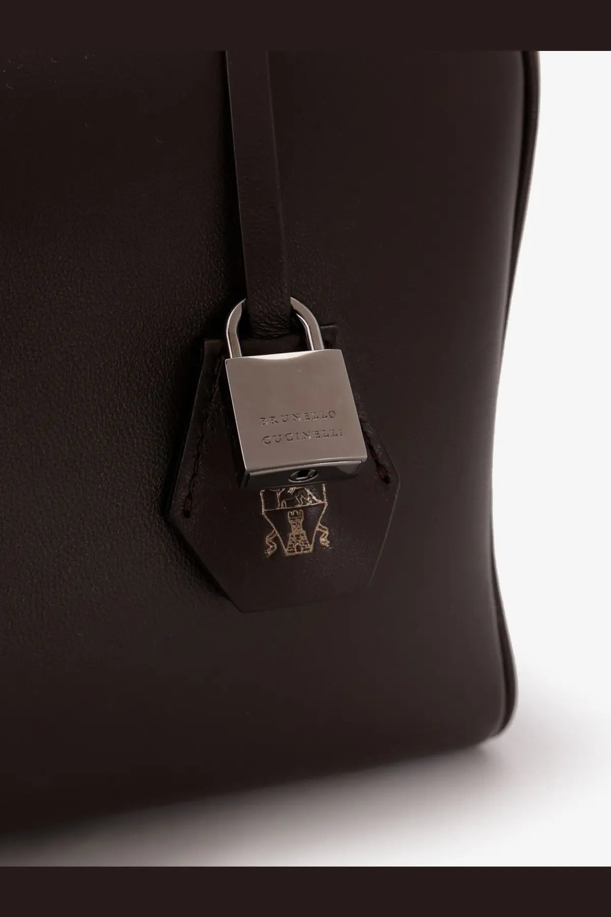 Brunello Cucinelli women’s black leather crossbody bag with silver traveller padlock and brand crest detailing