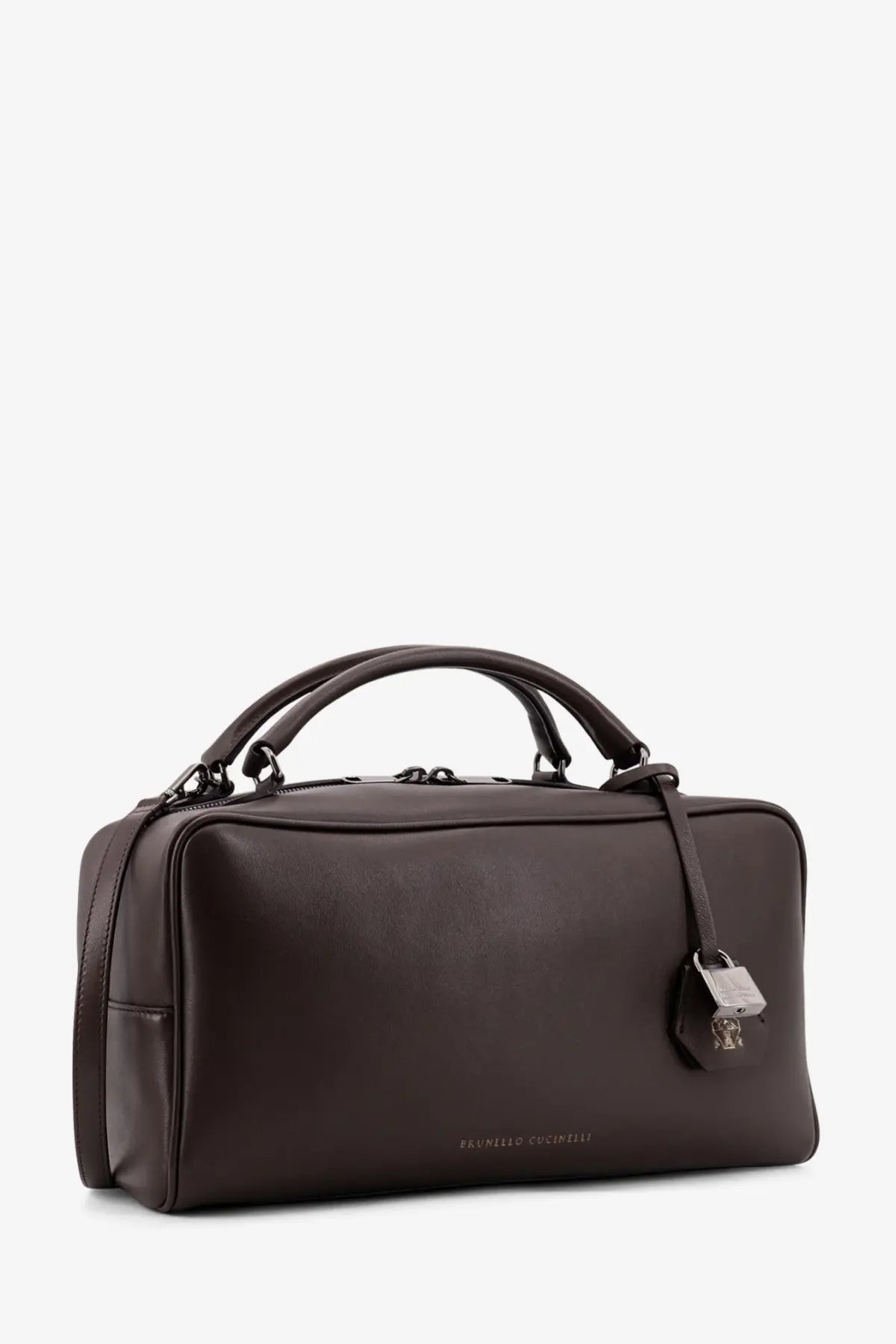 Brunello Cucinelli women’s Boston explorer dark brown leather crossbody bag with top handle and silver padlock
