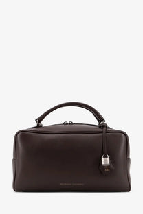 Dark brown leather Brunello Cucinelli women’s Boston Explorer crossbody bag with top handle and silver padlock charm