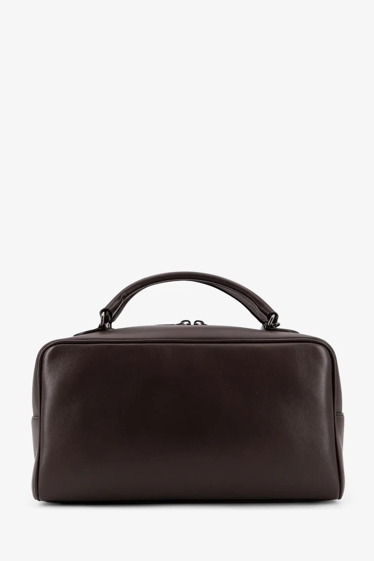 Dark brown leather Brunello Cucinelli womens Boston Explorer structured crossbody bag with top handle and gold hardware