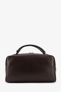 Dark brown leather Brunello Cucinelli womens Boston Explorer structured crossbody bag with top handle and gold hardware