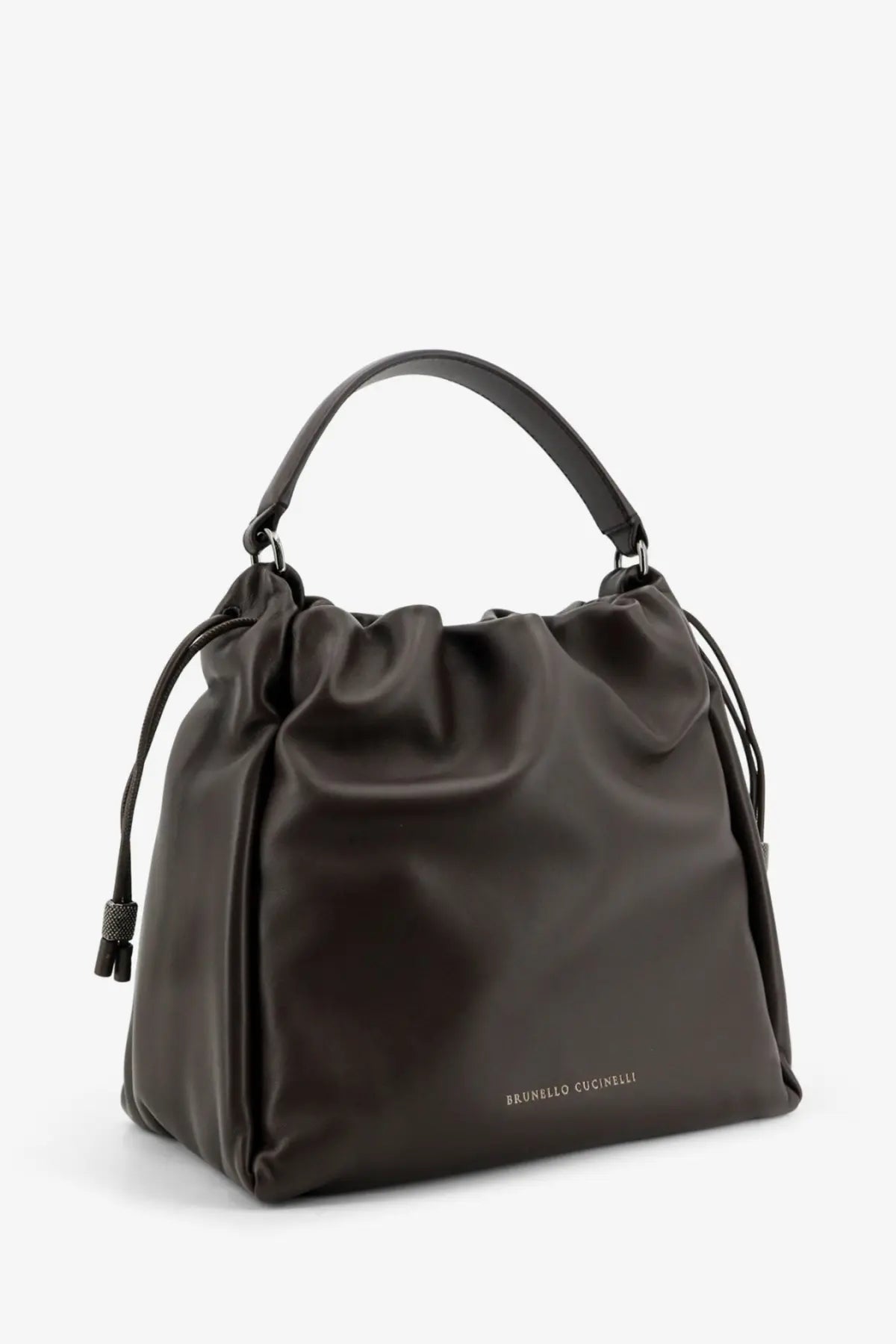Brunello Cucinelli women’s dark brown leather bucket bag with drawstring closure and top handle gold hardware