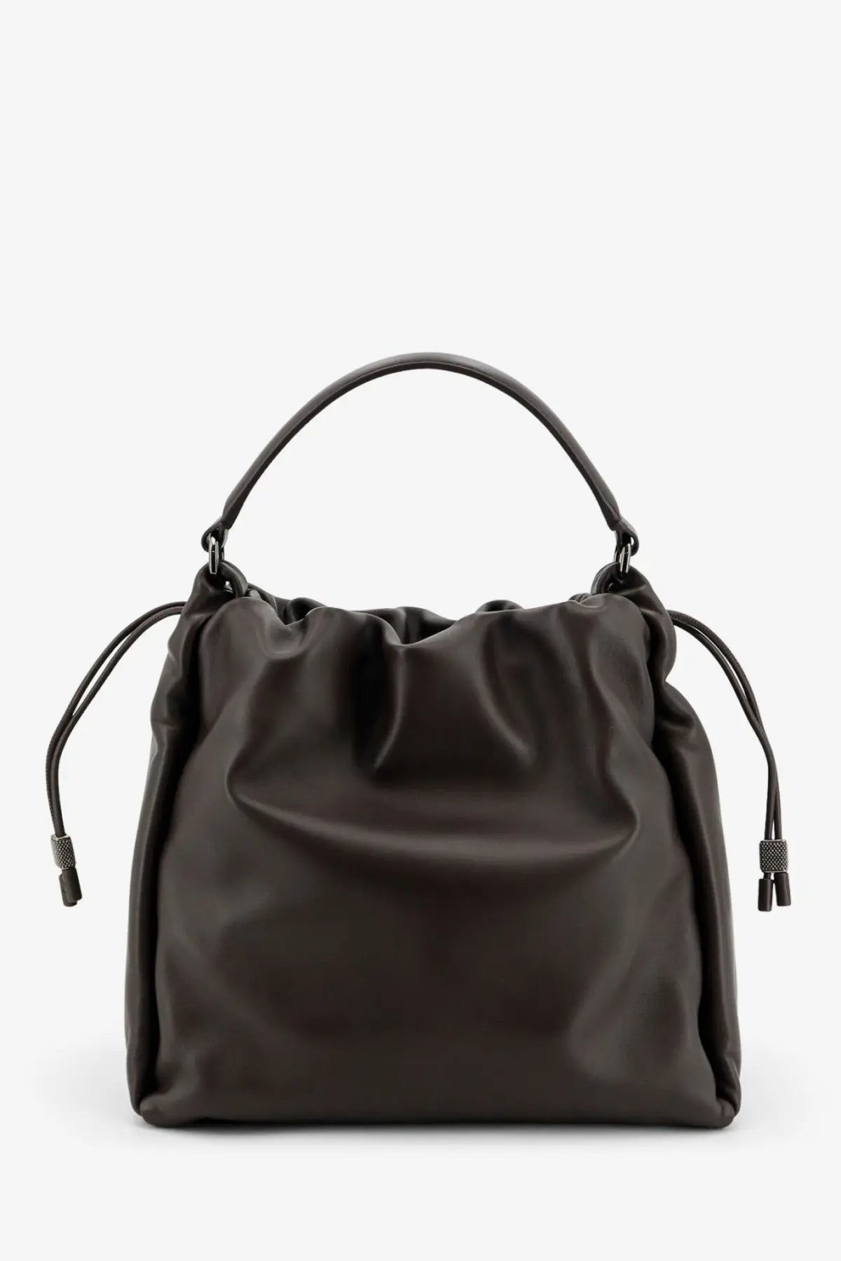Brunello Cucinelli women’s black bucket bag in mellow leather with gold accents and minimalist drawstring design