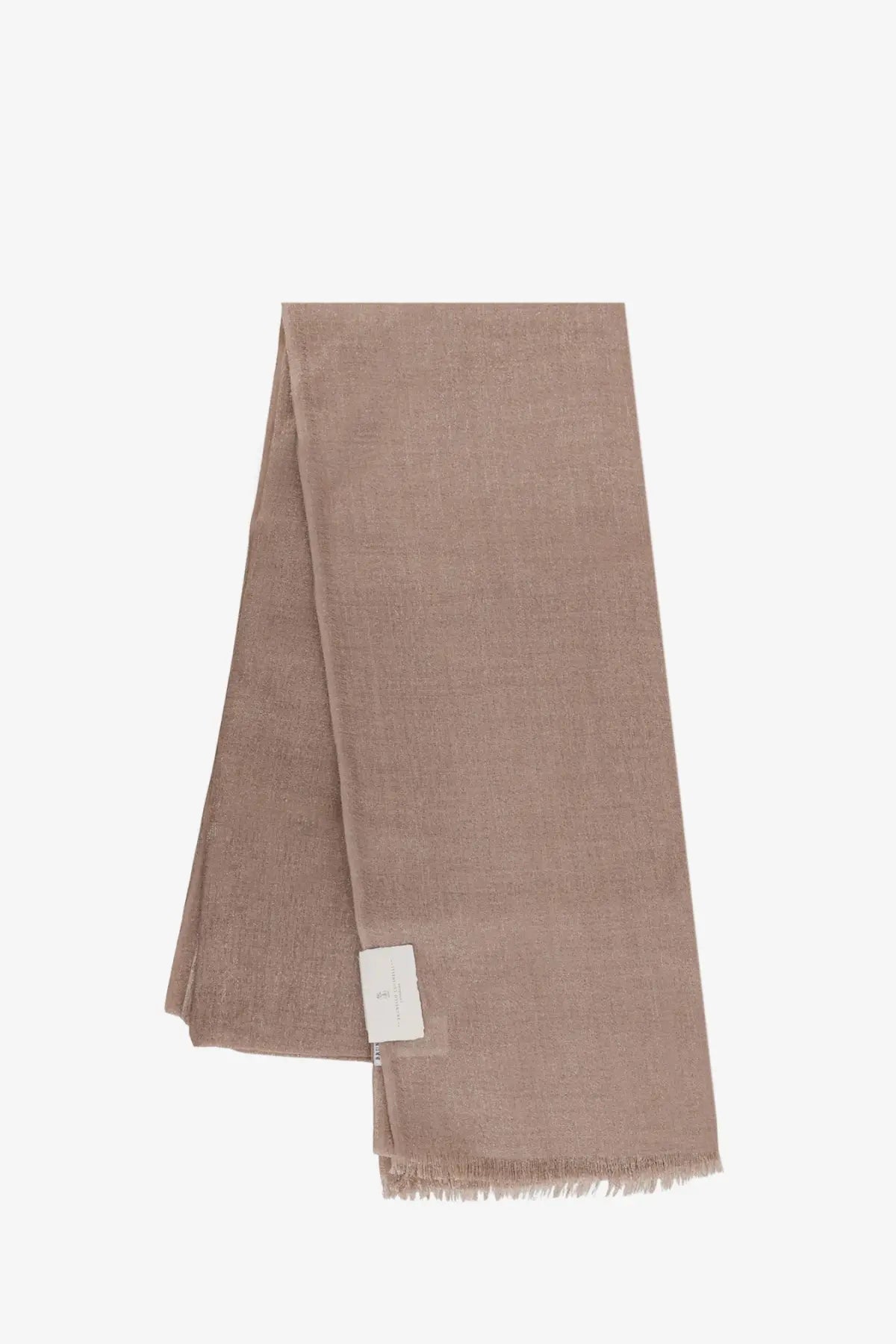 Brunello Cucinelli women’s cashmere and silk blend scarf in dusty rose with textured weave and frayed edges