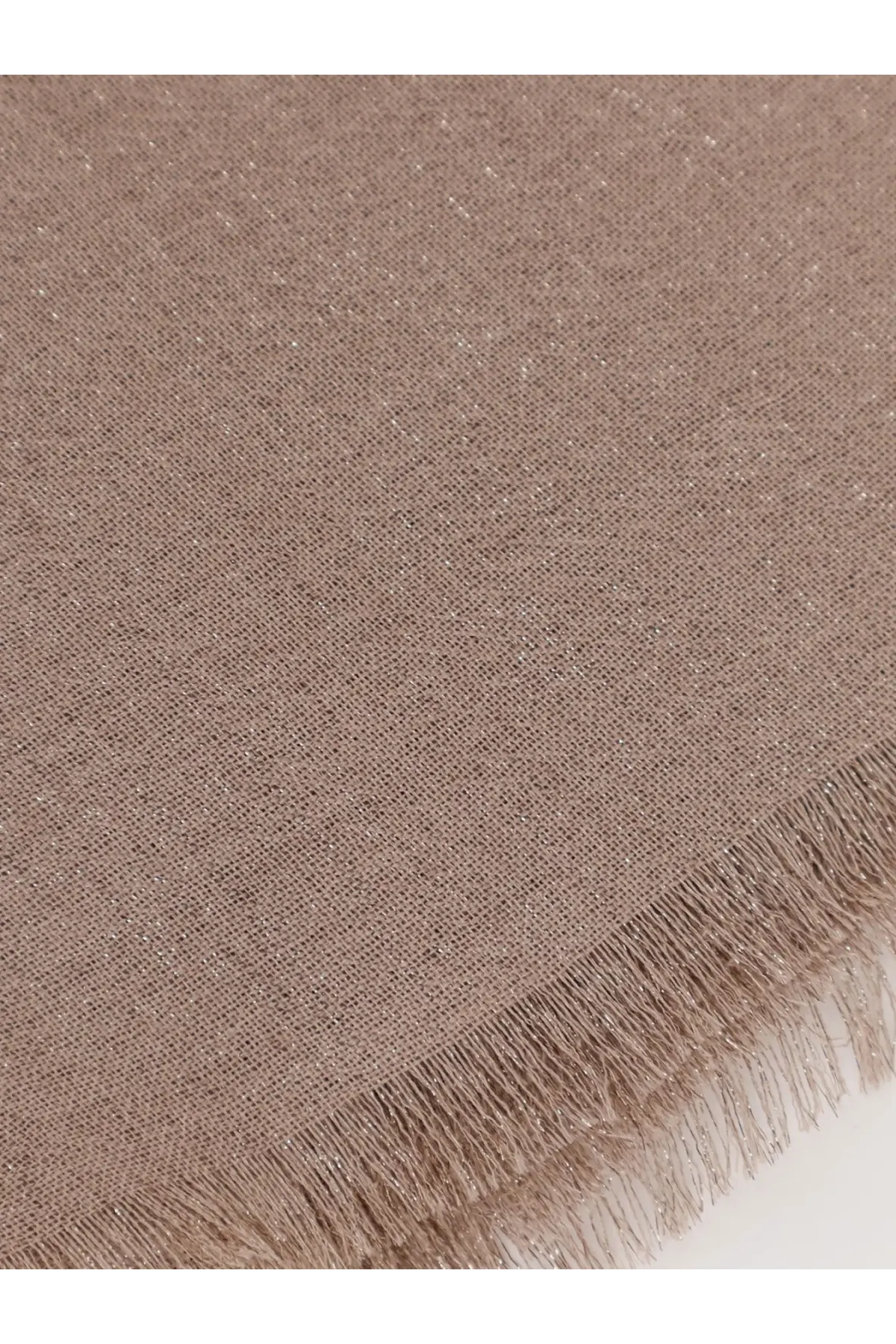 Brunello Cucinelli women’s cashmere and silk blend scarf in soft taupe with subtle shimmer and delicate fringe edges