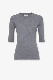 Gray ribbed knit brunello cucinelli women’s sweater with three quarter sleeves round neckline cashmere viscose blend