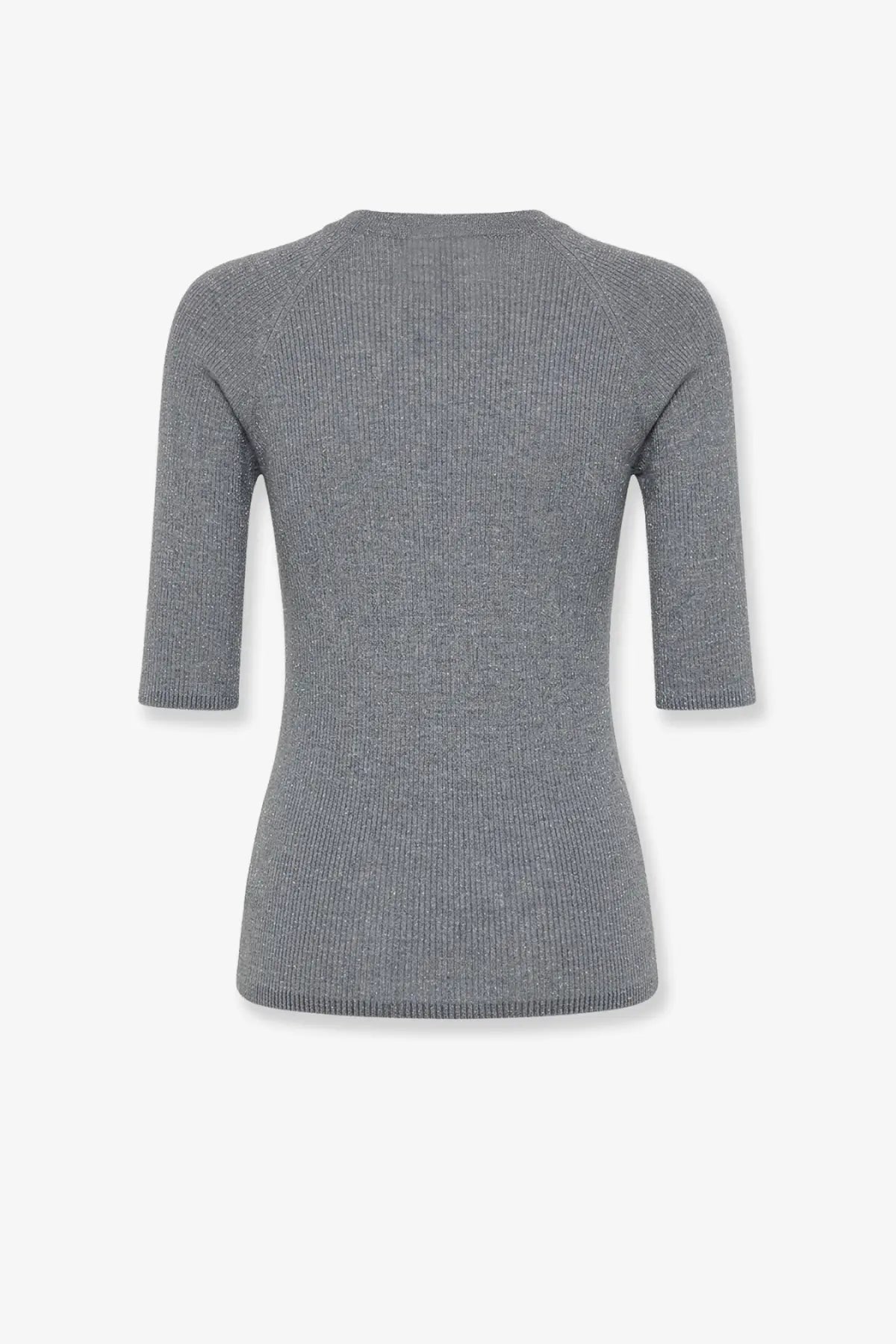 A sleek heather gray brunello cucinelli women’s cashmere and viscose blend lurex sweater with three-quarter sleeves and rounded neckline