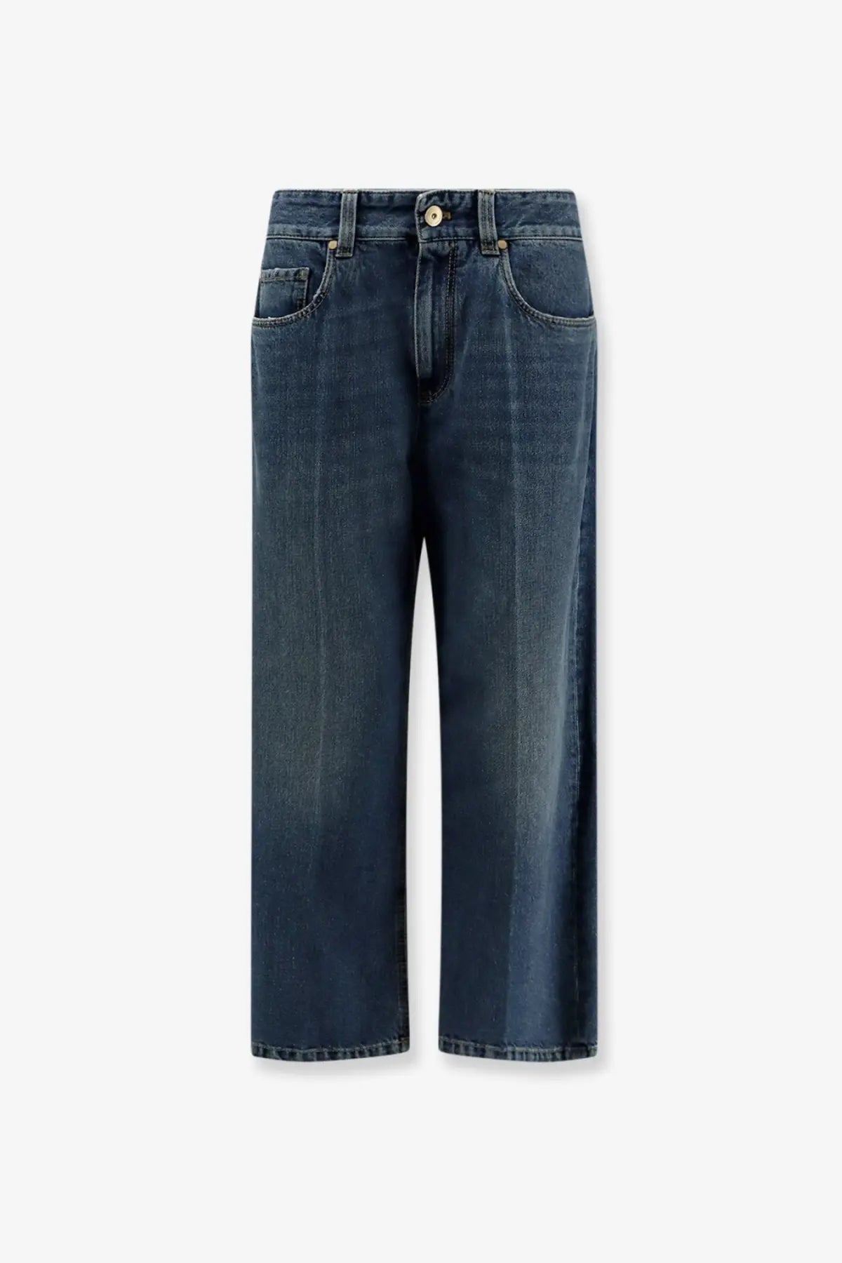 Brunello Cucinelli women’s dark-wash denim straight-leg jeans with classic five-pocket design in blue