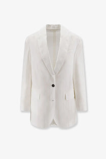 Brunello Cucinelli women’s white cotton blazer with a crisp single black button and classic notched lapels
