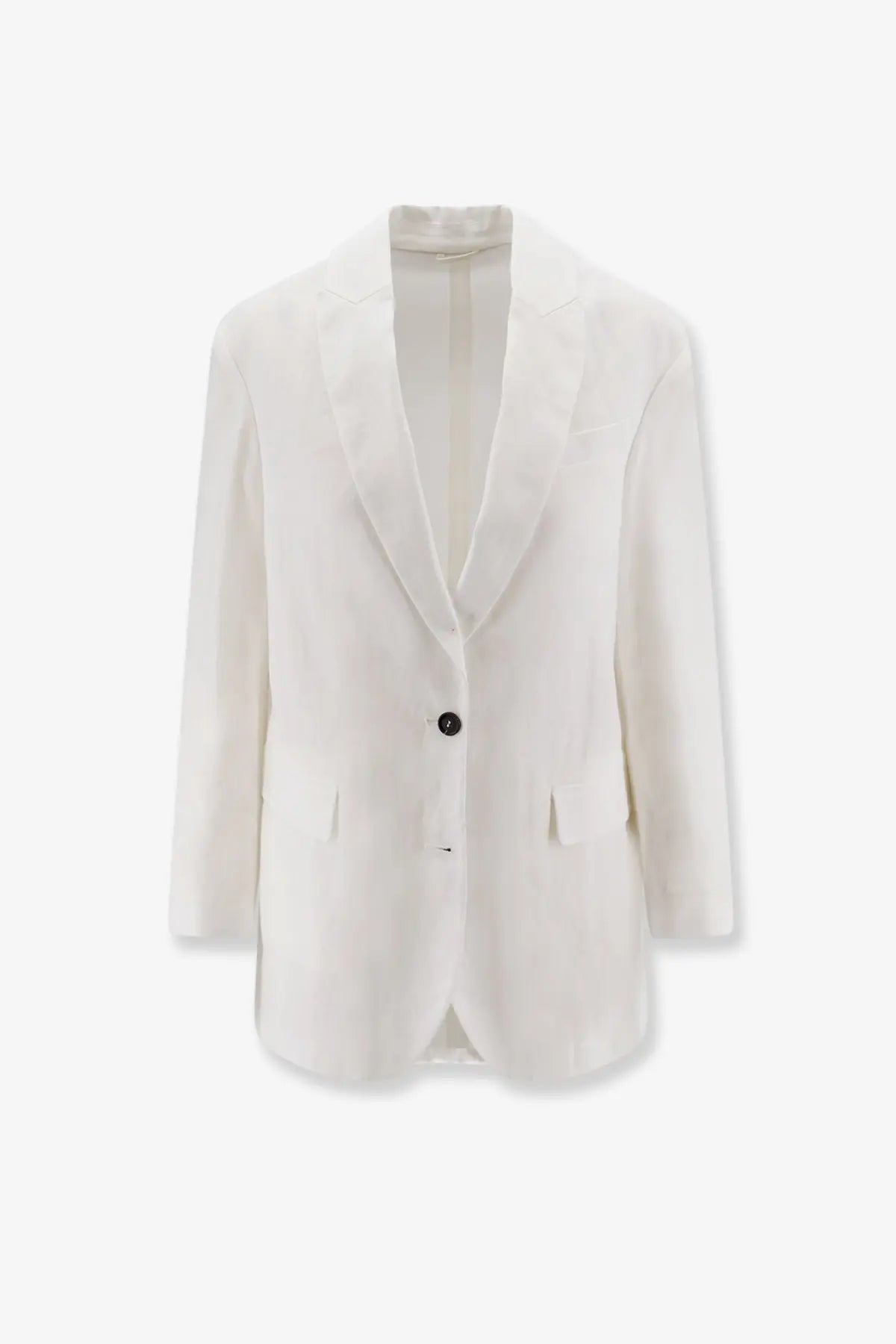 Brunello Cucinelli women’s white cotton blazer with single black button and classic notched lapels