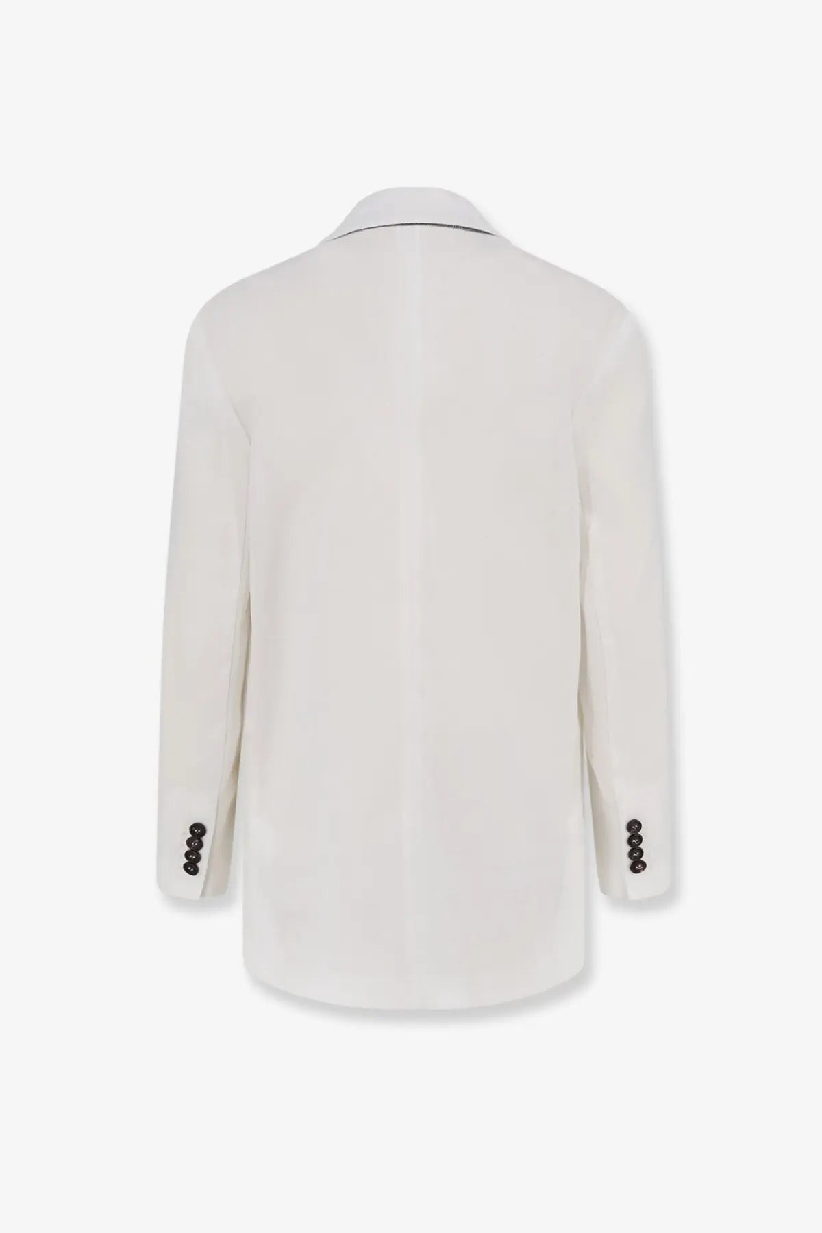 Brunello Cucinelli women’s cotton blazer white with crisp white fabric black trim and four-button sleeves
