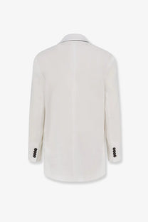 Brunello Cucinelli women’s cotton blazer white with crisp white fabric black trim and four-button sleeves