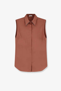 Brunello Cucinelli women’s sleeveless cotton blend blouse in rust brown with crisp collar and subtle stitching details