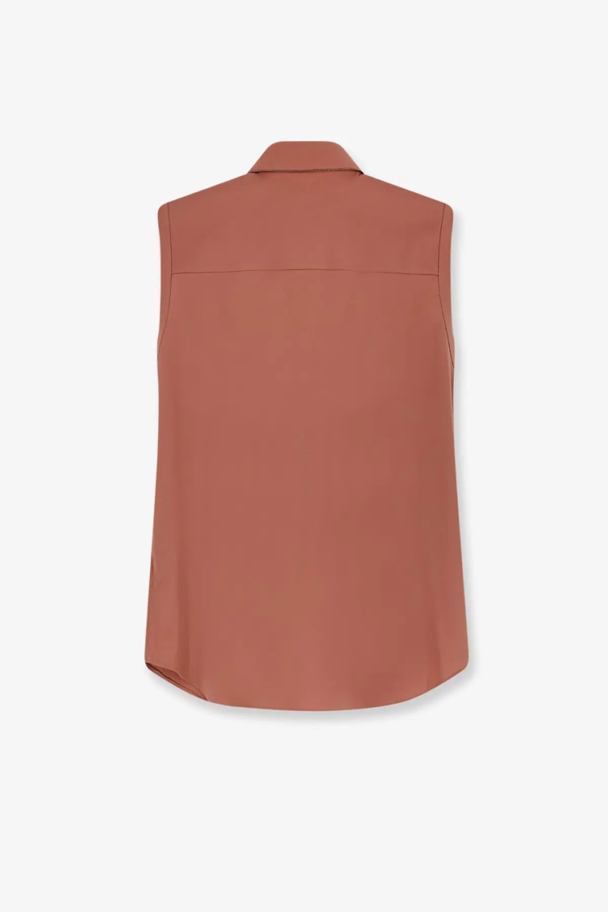 Brunello Cucinelli women’s rust-colored sleeveless cotton blend blouse with classic collar and tailored fit