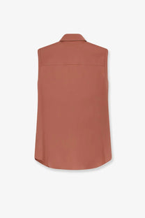 Brunello Cucinelli women’s rust-colored sleeveless cotton blend blouse with classic collar and tailored fit