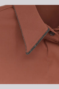 Brunello Cucinelli women’s terracotta cotton blend shirt with collar edged in dark sparkling beading