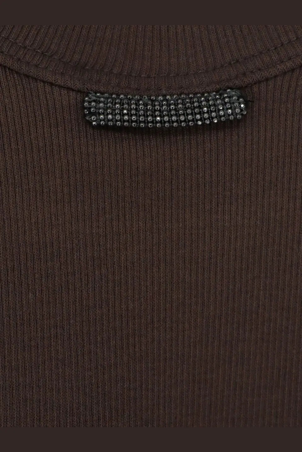 Brunello Cucinelli women’s brown ribbed knit cotton blend tank top with decorative black rhinestone bar neckline