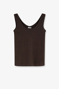 Brunello Cucinelli women’s brown sleeveless tank top in soft stretchy cotton blend with simple round neckline