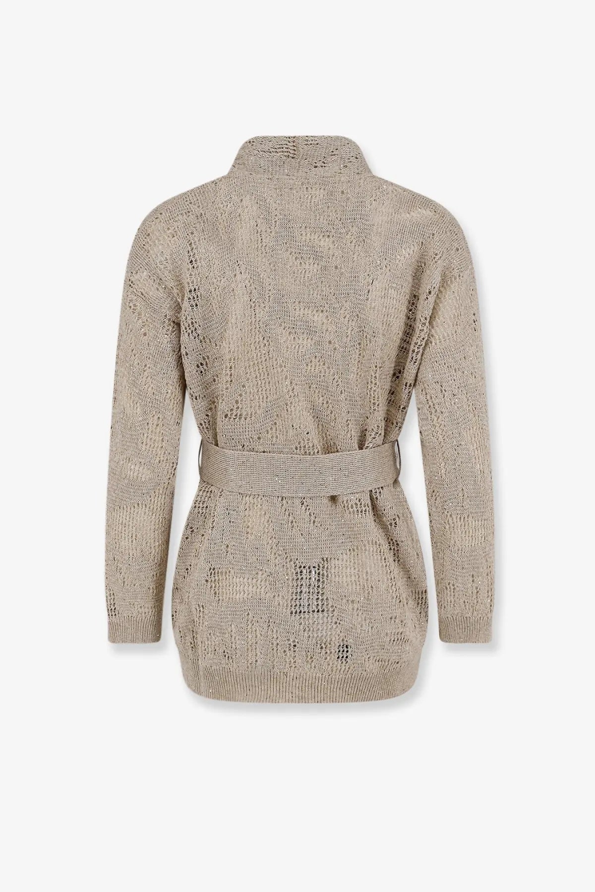 Beige knitted Brunello Cucinelli women’s cotton and linen cardigan with high collar and matching belt
