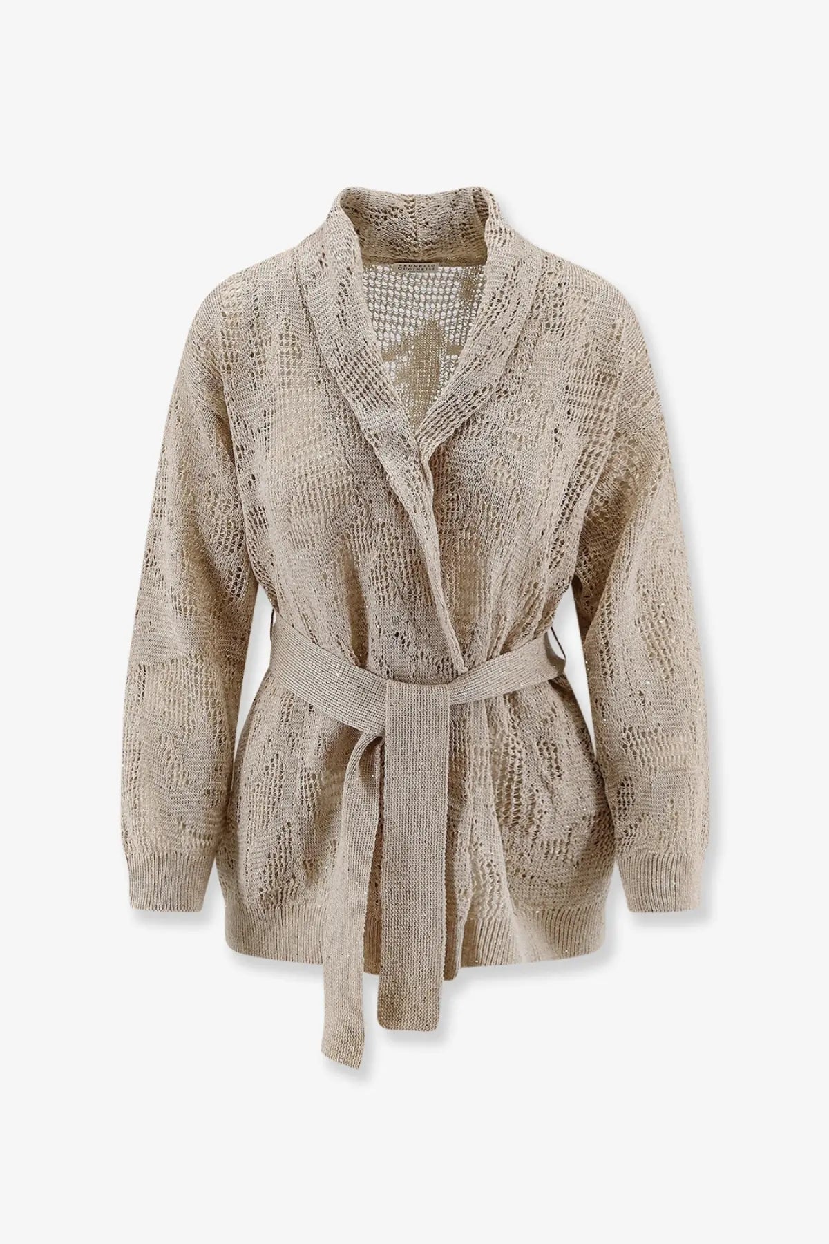 Beige Brunello Cucinelli women’s cotton and linen cardigan with lace-like openwork pattern and matching belt
