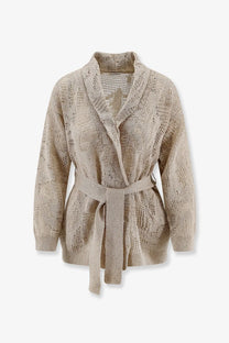 Beige Brunello Cucinelli women’s cotton and linen cardigan with lace-like openwork pattern and matching belt