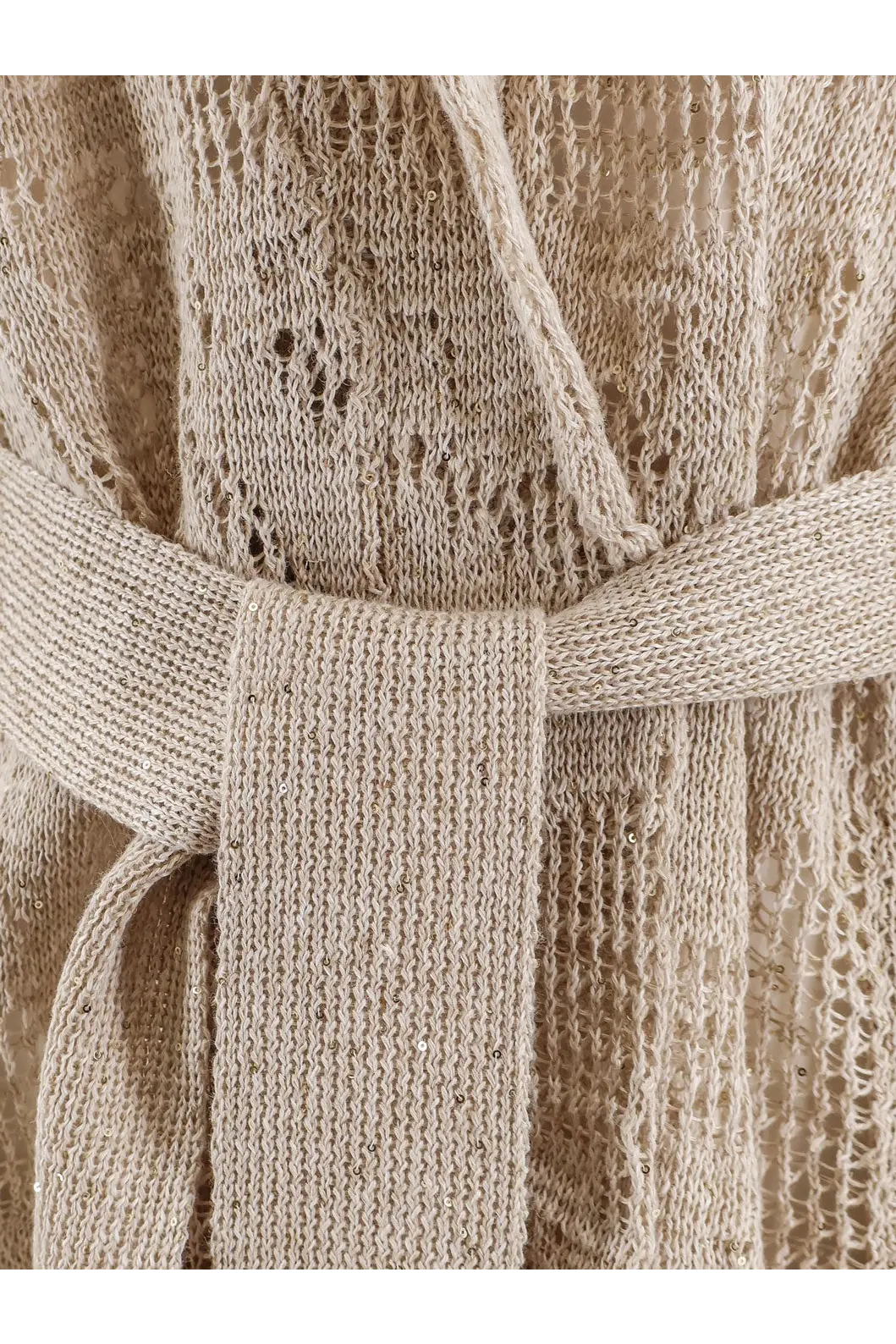 Beige knitted robe with lace-like openwork pattern and belt from brunello cucinelli cotton and linen cardigan collection
