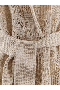 Beige knitted robe with lace-like openwork pattern and belt from brunello cucinelli cotton and linen cardigan collection