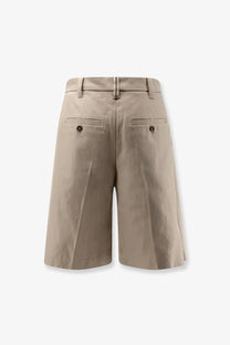 Beige Brunello Cucinelli women’s cotton and linen chino shorts with tailored fit buttoned back pockets and belt loops from back