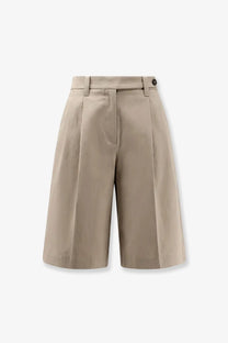 Beige cotton and linen pleated shorts for women by brunello cucinelli with tailored waistband and button closure